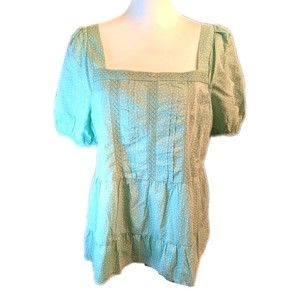 LOFT baby doll square neck top, puff sleeve, mint green w/ white dots L